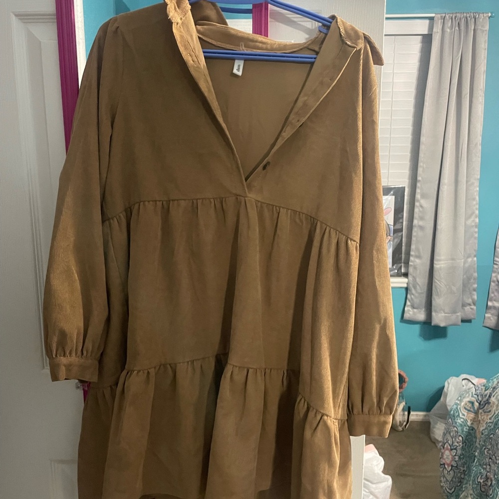 Brown Tiered Long-Sleeve Dress